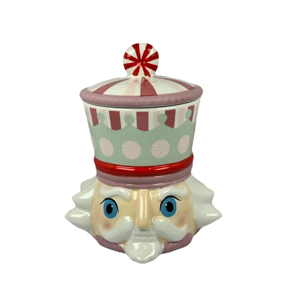 Nutcracker Peppermint Storage Jar Ceramic Candy Kitchen Holiday Decor